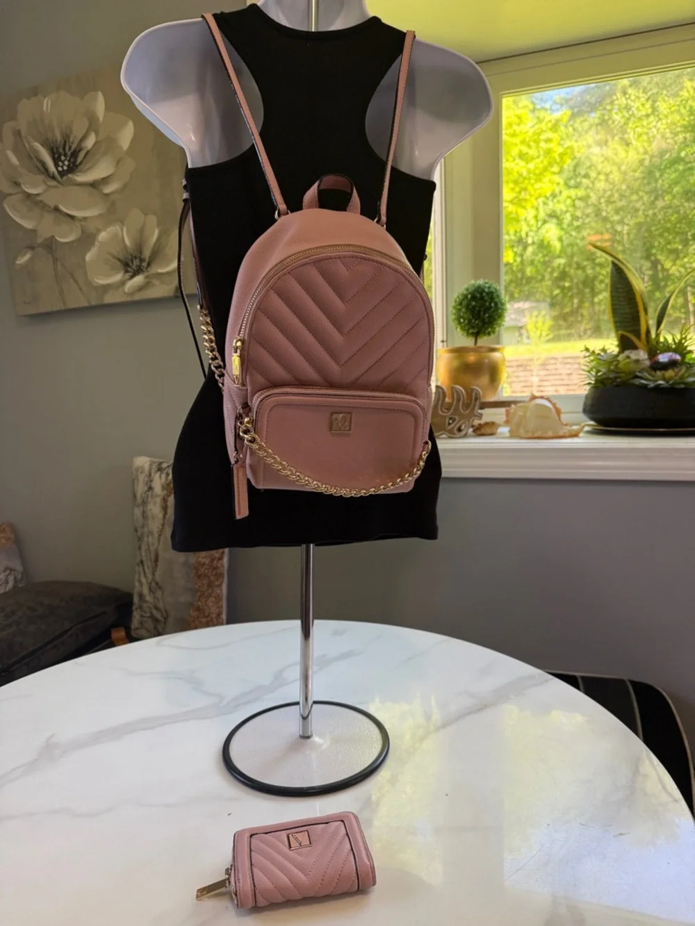 Pink Quilted Mini Backpack with Matching Wallet - Gold Hardware